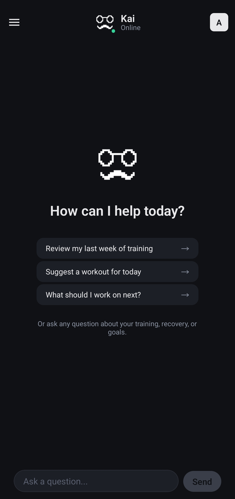 Empty chat with example questions to start any conversation