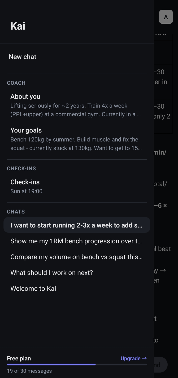Sidebar showing coach context, check-ins, and conversation history
